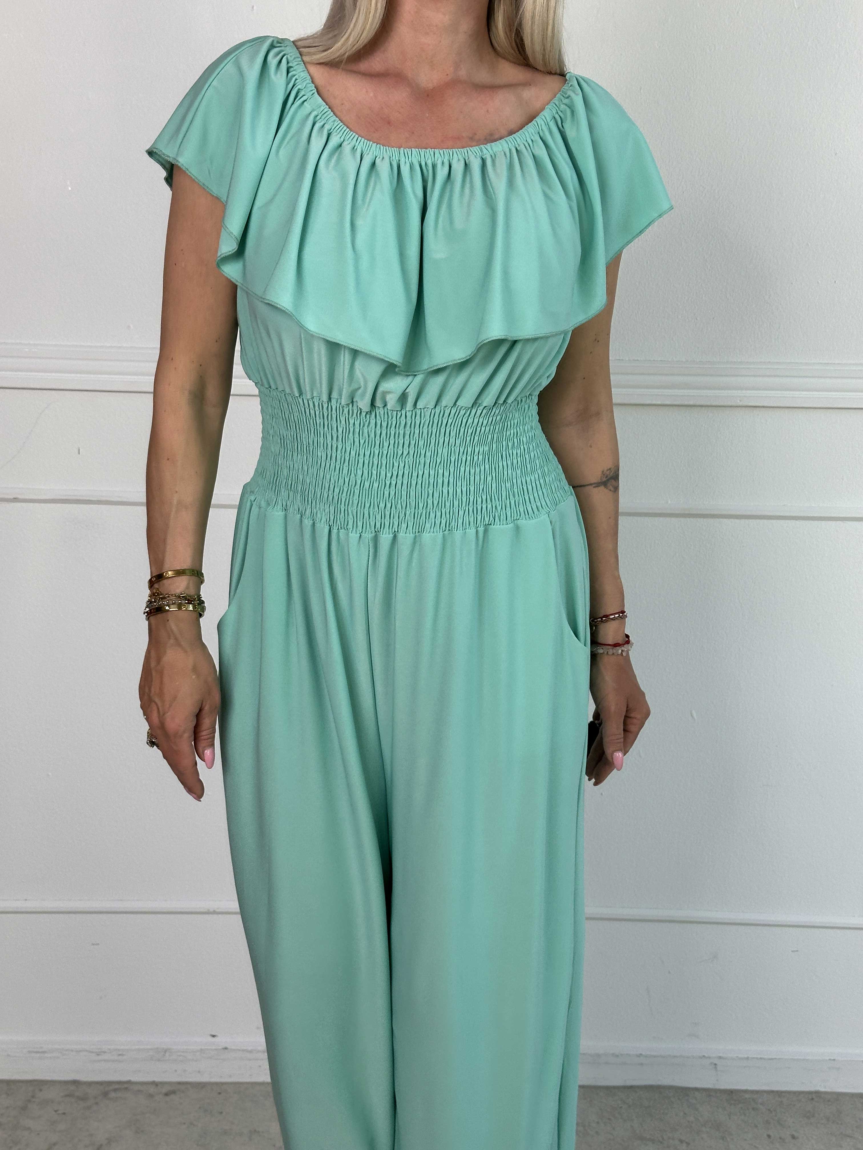 Pams Plain Frill Jumpsuit - Elastisk buksedragt med smock og flæse